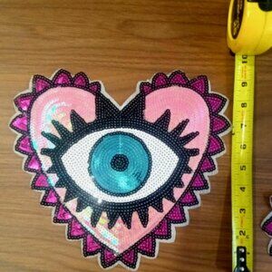 Large 10 inch Sew On Sequined Evil Eye Heart Applique